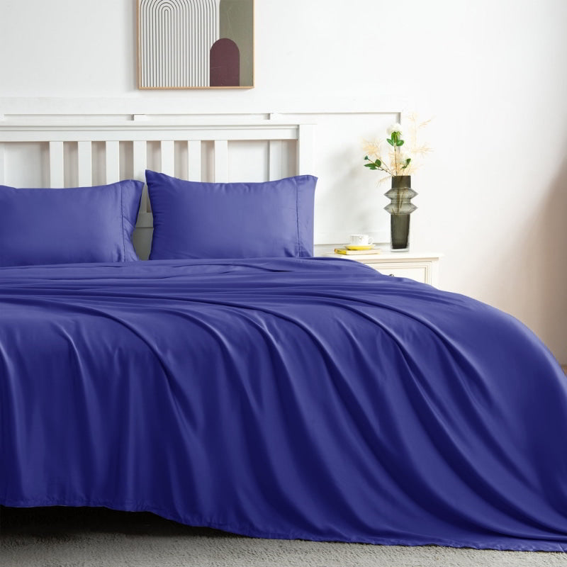 alt="Front view of navy sheet sets produce a lustrous silky smooth fabric to your bedroom"