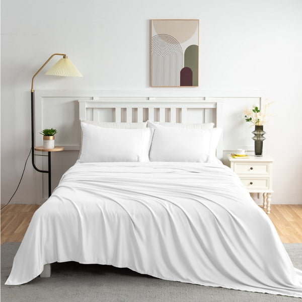 alt="White sheet sets produce a lustrous silky smooth fabric to your bedroom"