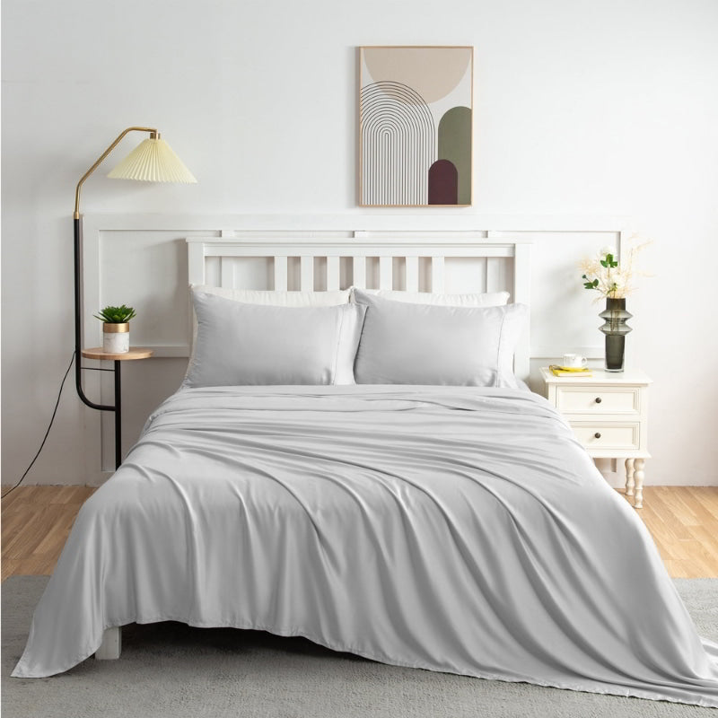 alt="Light grey sheet sets produce a lustrous silky smooth fabric to your bedroom"