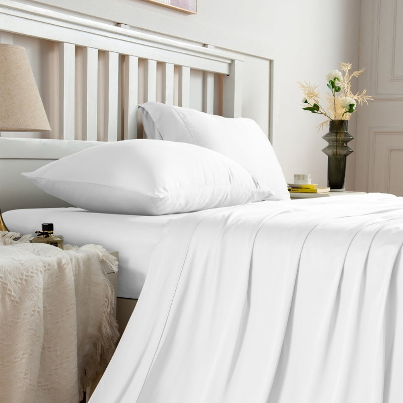 alt="Side view of white sheet sets produce a lustrous silky smooth fabric to your bedroom"