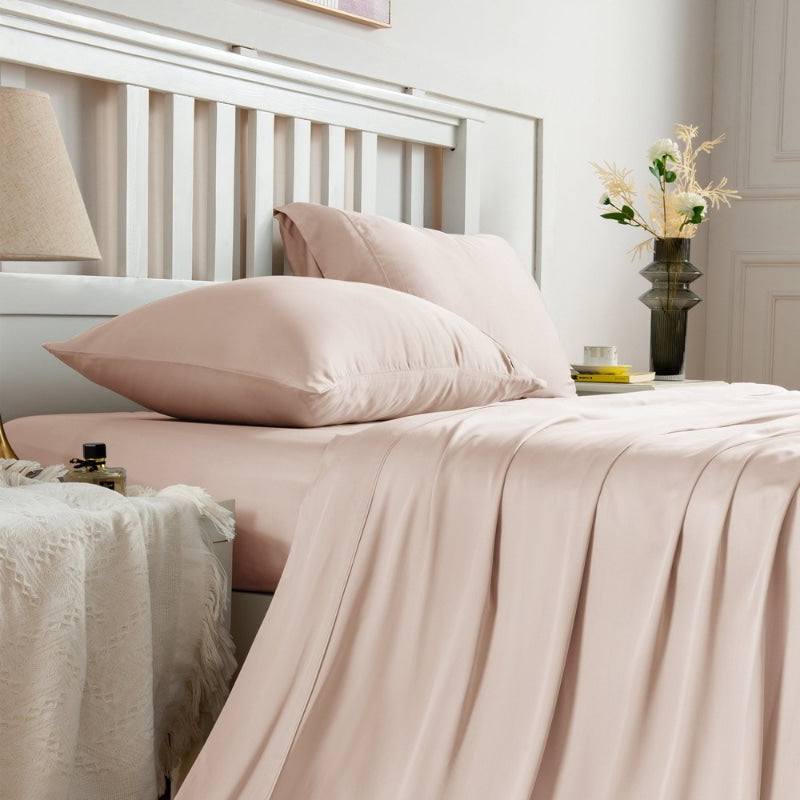 alt="Side view of natural sheet sets produce a lustrous silky smooth fabric to your bedroom"