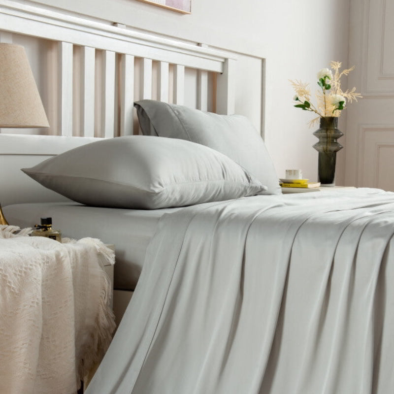 alt="Side view of natural sheet sets produce a lustrous silky smooth fabric to your bedroom"