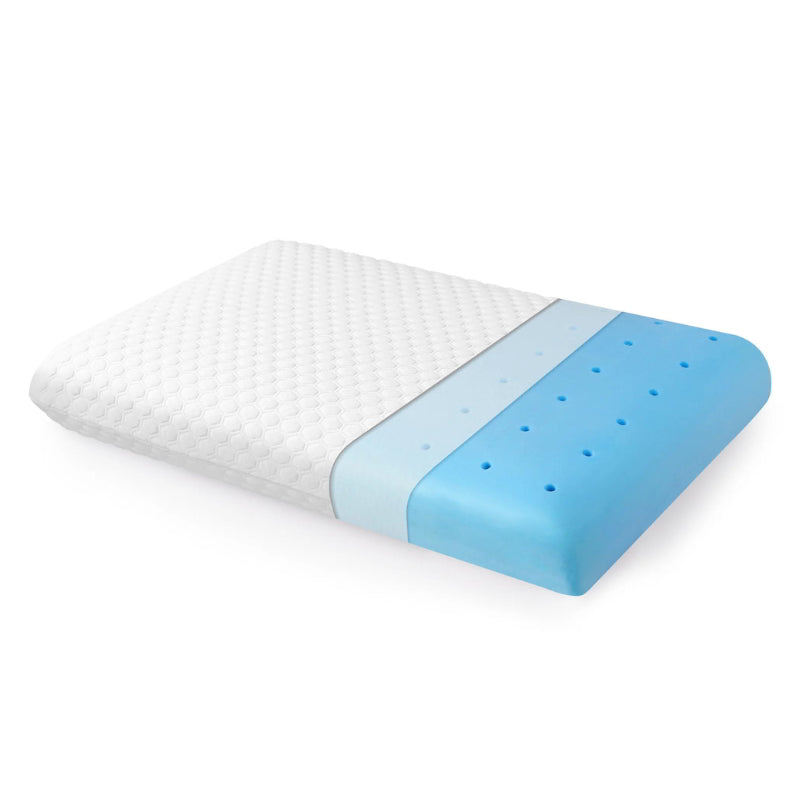 alt="Details of a Linenova Cooling Gel Memory Foam Pillow with Perforated Design and Gel Particles"