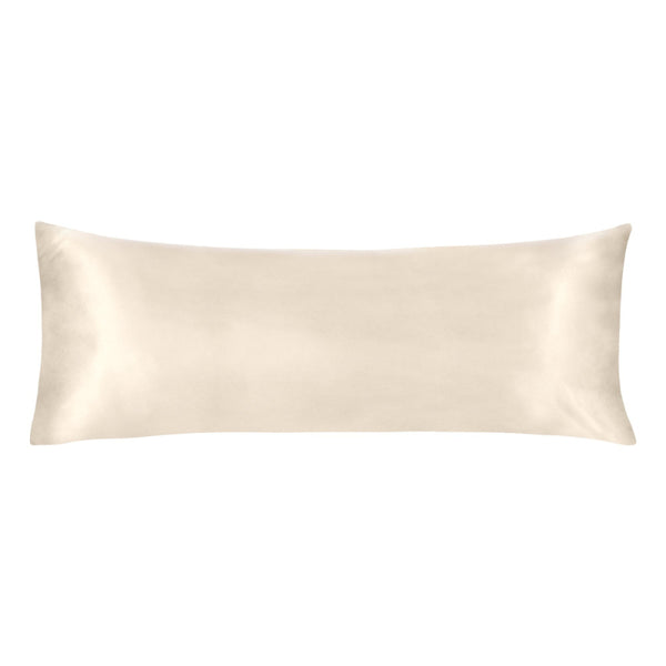 Luxurious beige satin body pillowcase of Linenova for a restful sleep.