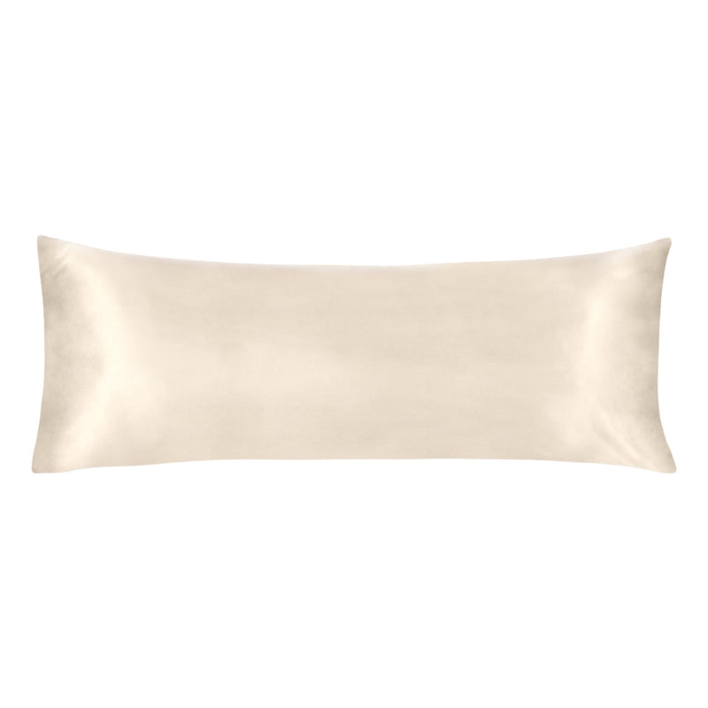 Luxurious beige satin body pillowcase of Linenova for a restful sleep.