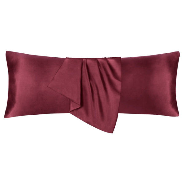 Luxurious burgundy satin body pillowcase of Linenova for a restful sleep.
