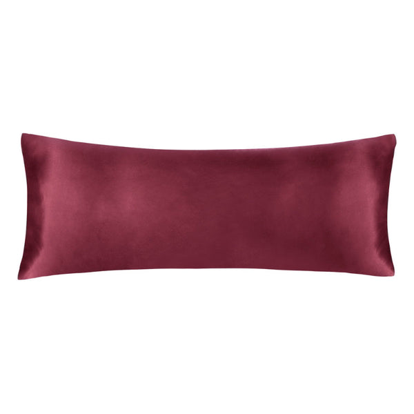 back details of a luxurious burgundy satin body pillowcase of Linenova for a restful sleep.