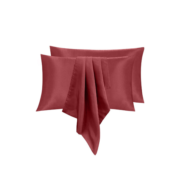 Linenova's queen pillowcase in burgundy satin for luxurious comfort, allergy relief, and promoting healthy hair.