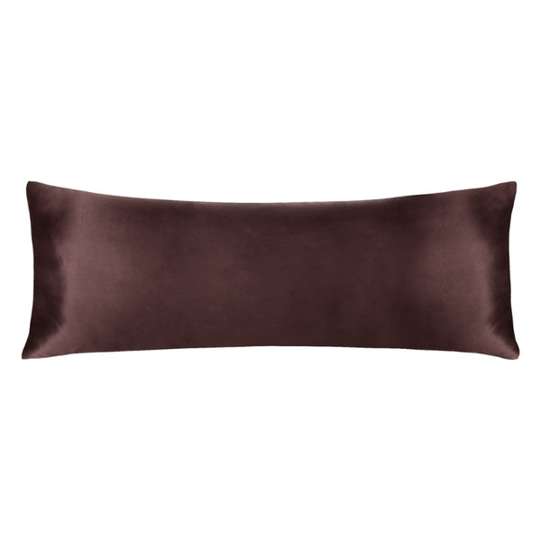 Luxurious chocolate satin body pillowcase of Linenova for a restful sleep.