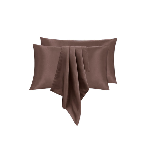 Linenova's queen pillowcase in brown satin for luxurious comfort, allergy relief, and promoting healthy hair.
