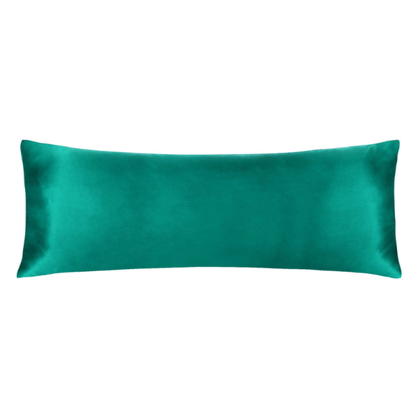 Luxurious dark green satin body pillowcase of Linenova for a restful sleep.