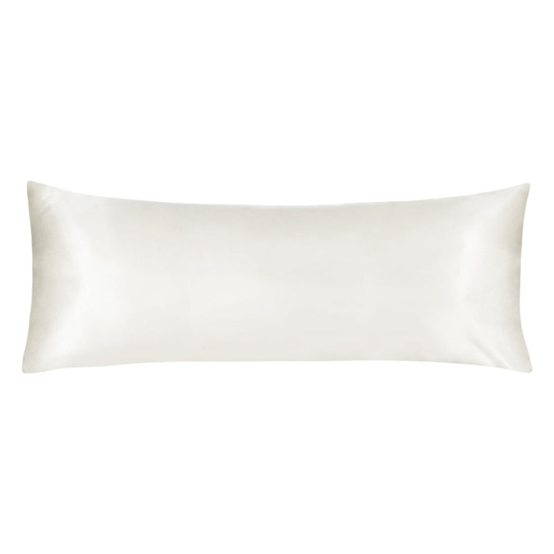 Luxurious ivory satin body pillowcase of Linenova for a restful sleep.