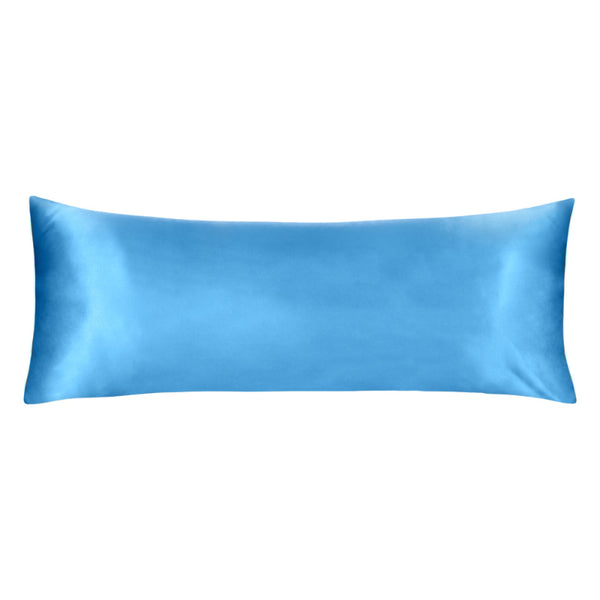 Luxurious light blue satin body pillowcase of Linenova for a restful sleep.