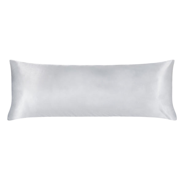 Luxurious silver grey satin body pillowcase of Linenova for a restful sleep.