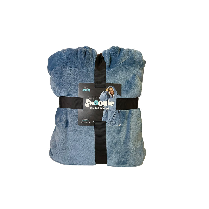 Packaging details of Odyssey Living Adult Snoogie Ocean Blue Hooded Blanket offers warmth and comfort with flannel and Sherpa, ideal for chilly days.