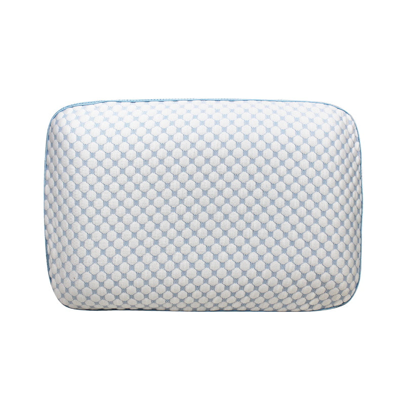 alt="Front details of a memory foam pillow creating the perfect balance of comfort and support"