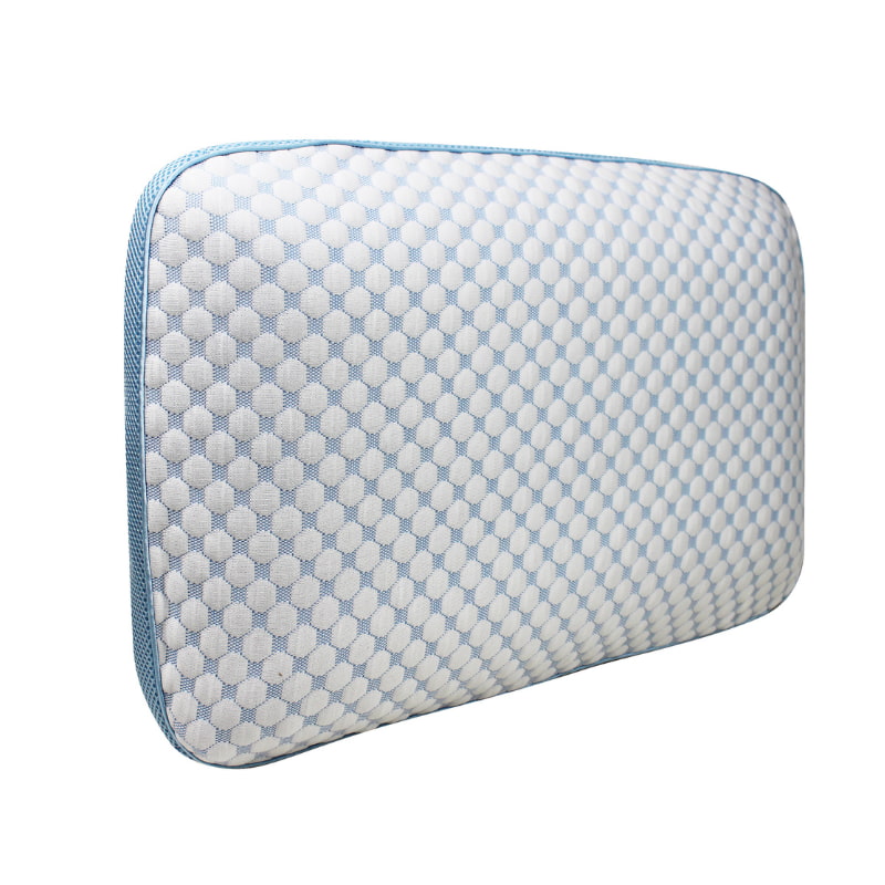 alt="Side details of a memory foam pillow creating the perfect balance of comfort and support"