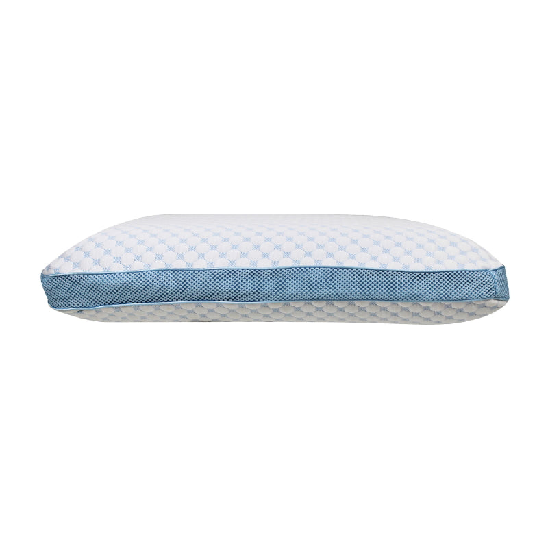 alt="View from a reclined angle of a memory foam pillow creating the perfect balance of comfort and support"