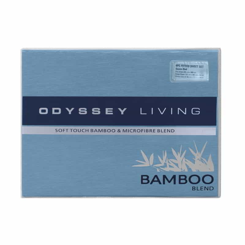 alt="Front packaging details of a luxuriously soft to touch bamboo and microfibre blend sheet set in blue"