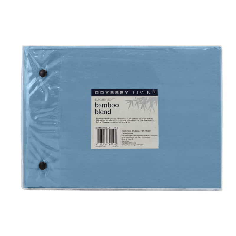 alt="Back packaging details of a luxuriously soft to touch bamboo and microfibre blend sheet set in blue"