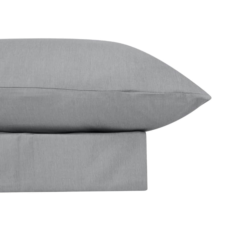 alt="Close-up look of a luxuriously soft to touch bamboo and microfibre blend sheet set in grey"