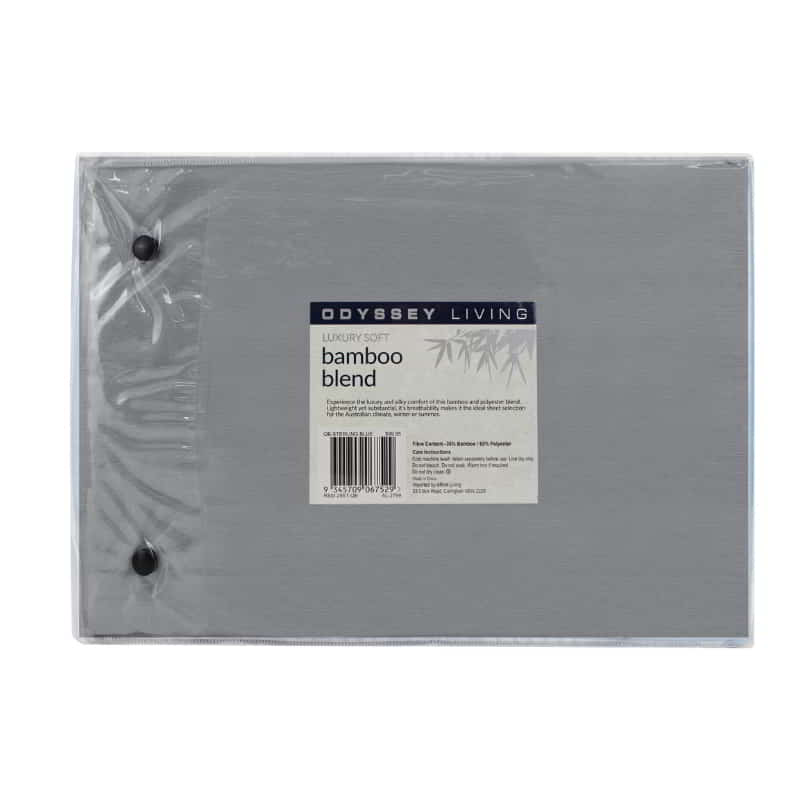 alt="Back packaging details of a luxuriously soft to touch bamboo and microfibre blend sheet set in grey"