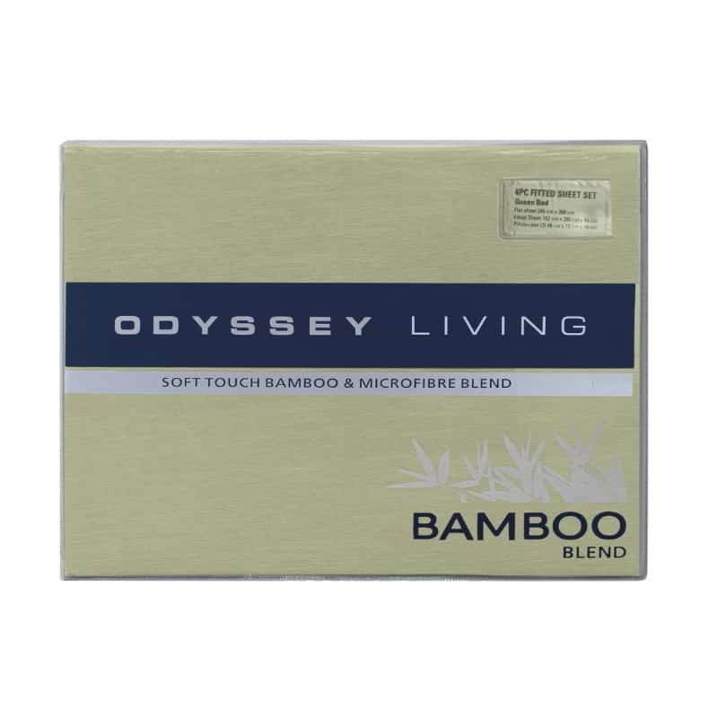alt="Front packaging details of a luxuriously soft to touch bamboo and microfibre blend sheet set in olive green"