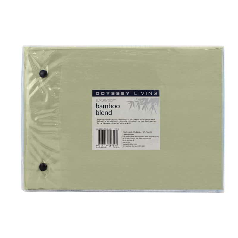 alt="Back packaging details of a luxuriously soft to touch bamboo and microfibre blend sheet set in olive green"