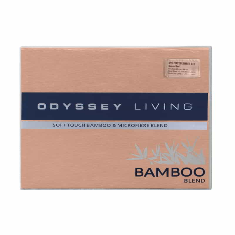alt="Front packaging details of a luxuriously soft to touch bamboo and microfibre blend sheet set in clay"
