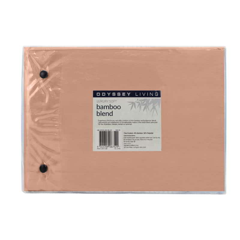 alt="Back packaging details of a luxuriously soft to touch bamboo and microfibre blend sheet set in clay"
