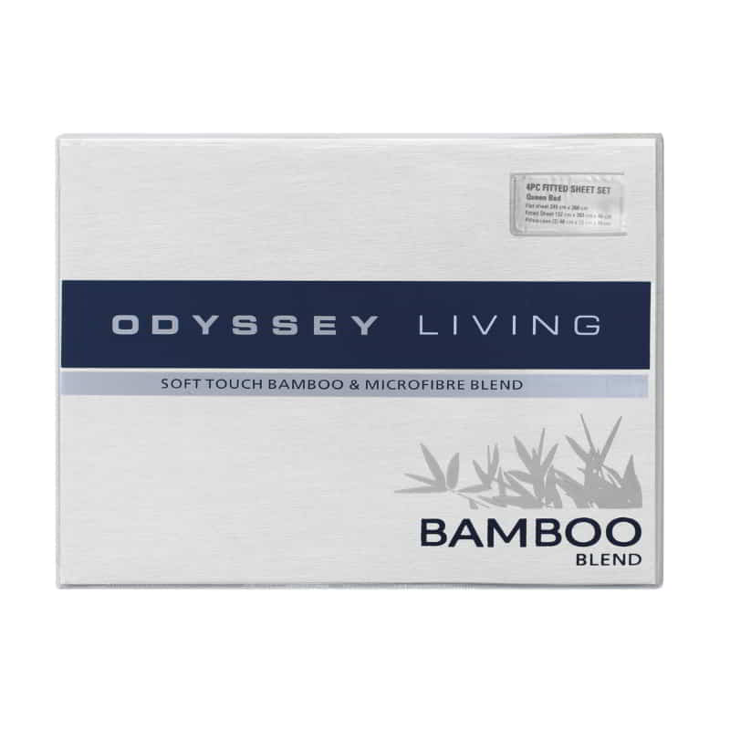 alt="Front packaging details of a luxuriously soft to touch bamboo and microfibre blend sheet set in white"