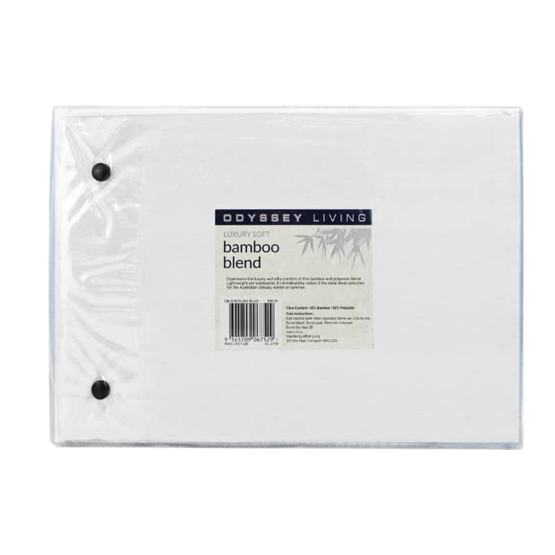 alt="Back packaging details of a luxuriously soft to touch bamboo and microfibre blend sheet set in white"