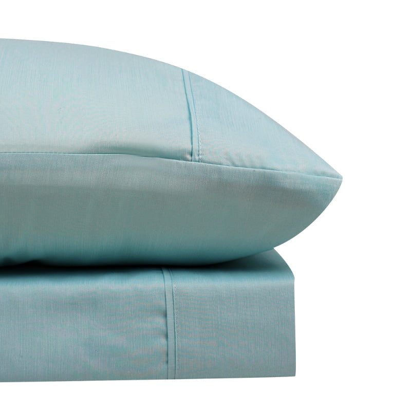 alt="Close-up look of a luxuriously soft to touch bamboo and microfibre blend sheet set in light aqua"