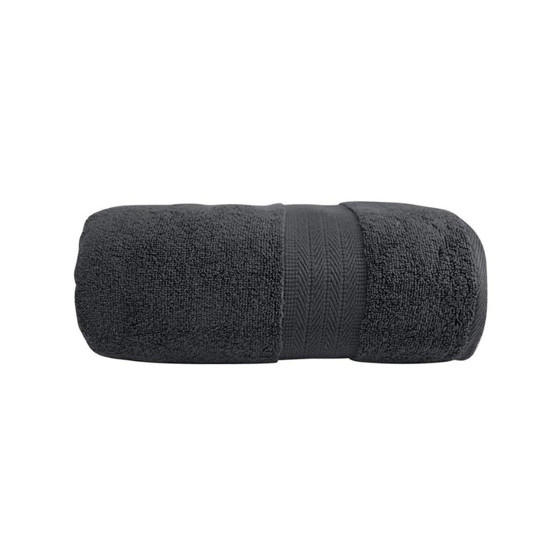 alt="Zoom in details of coal bath towel featuring its high level of softness and premium luxurious cotton."