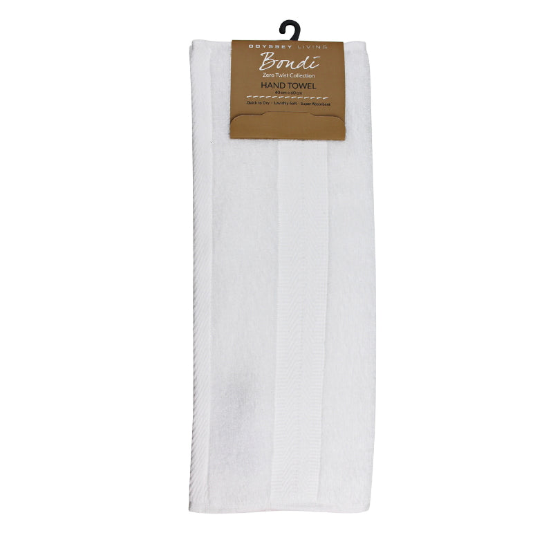 alt="A neatly folded, premium white hand towel hanging on a hook, showcasing its minimalistic design and inviting softness."