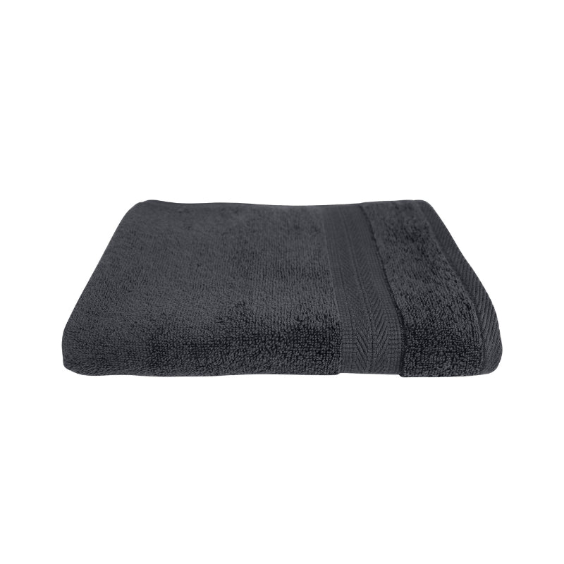 alt="A neatly folded, premium coal colour hand towel, showcasing its minimalistic design and inviting softness."