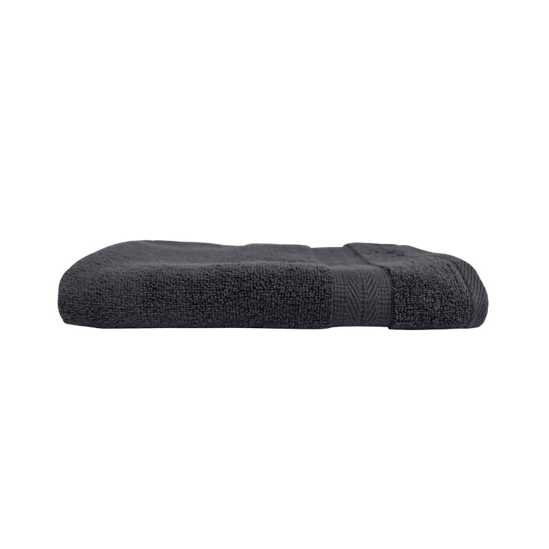 alt="An elegantly folded premium coal colour hand towel, showcasing its minimal and side details"