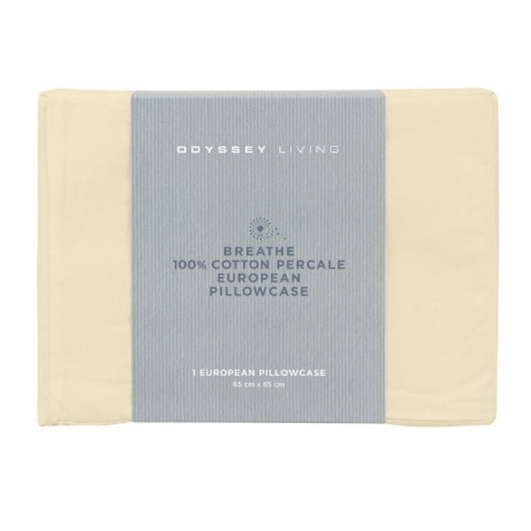 Front details of the packaging of Breathe cotton european pillowcase in natural colour.