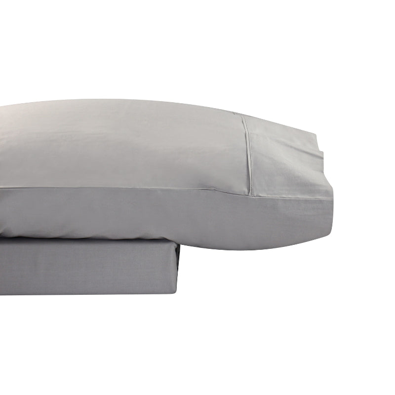 alt="Close-up look of a grey sheet set made from 100% cotton showcasing fresh appearance, ultimate softness and cottony comfort"