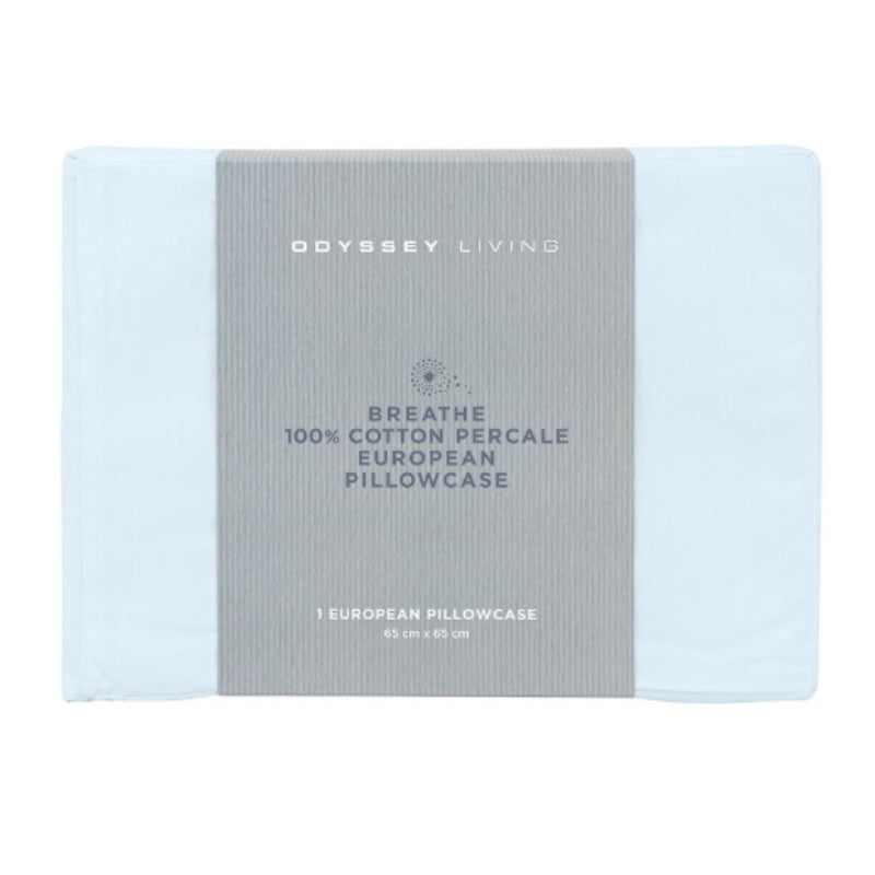 Front details of the packaging of Breathe cotton european pillowcase in sky colour.
