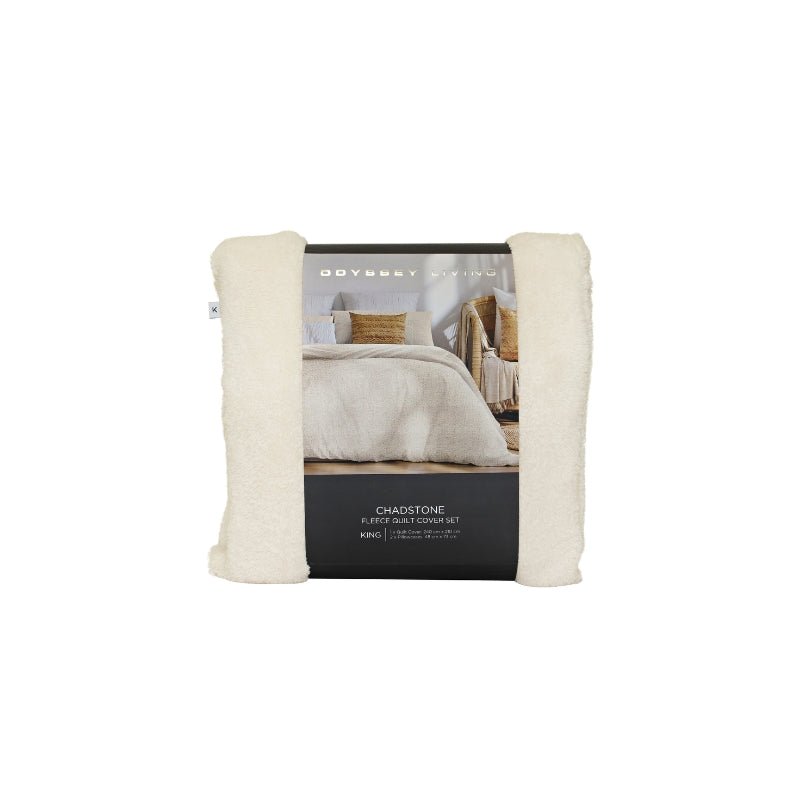 Packaging details of a soft and warm marshmallow-coloured comforter set with fleece-like texture, ideal for cooler weather.