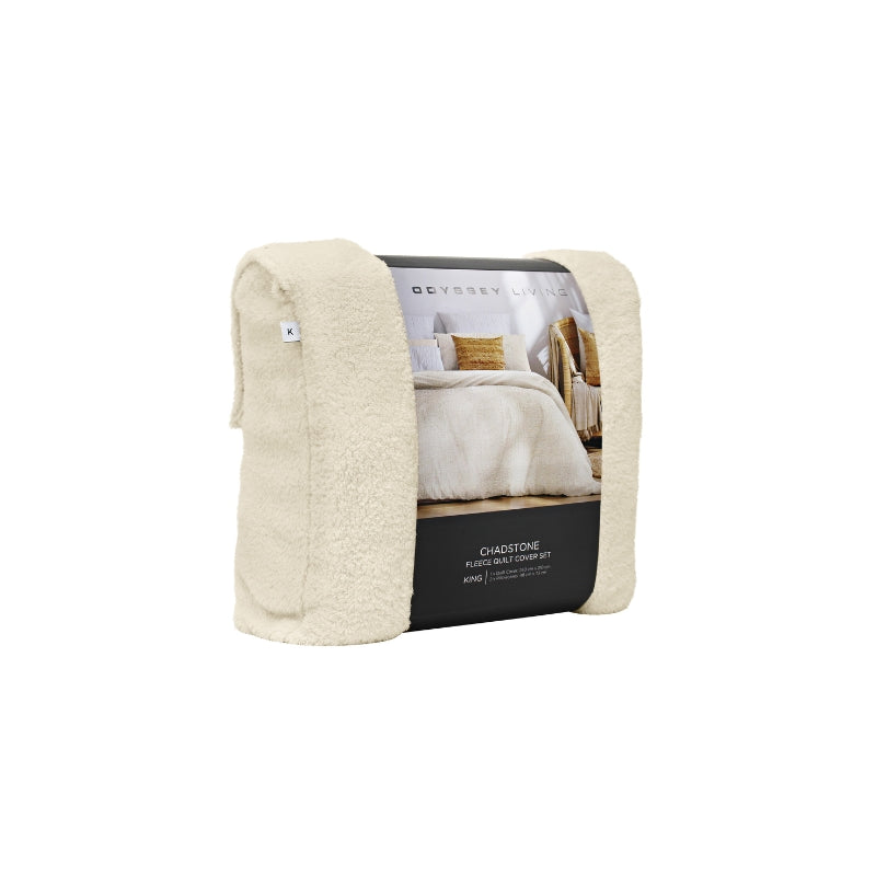 Side packaging details of a soft and warm marshmallow-coloured bed set with fleece-like texture, ideal for cooler weather.