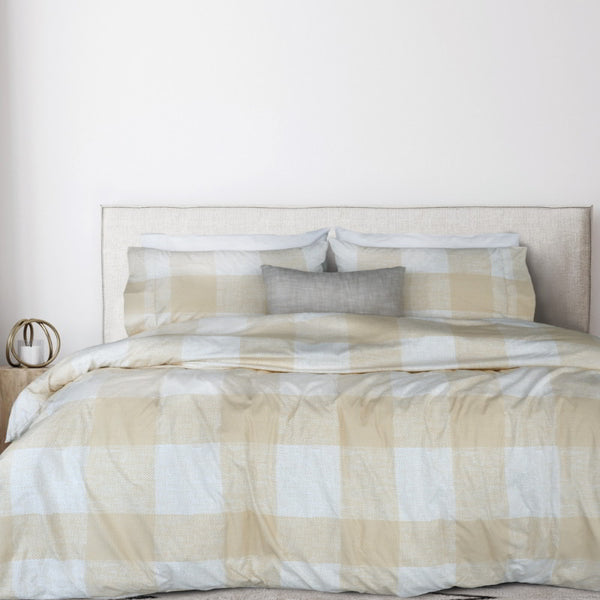 Cornwall Thermal Flannel Sand Quilt Cover Set styled on a bed with matching pillowcases