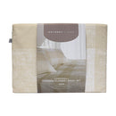 Front packaging view of Cornwall flannel sheet set  in sand hues with product label visible

