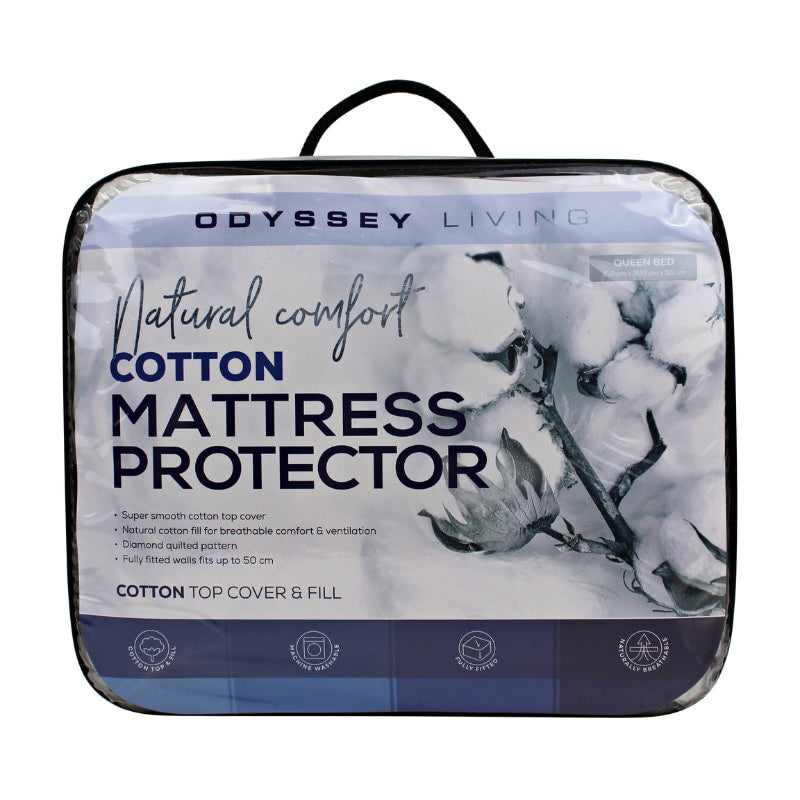 alt="Front details of the packaging of white cotton mattress protector featuring its minimal and elegant packaging design" 