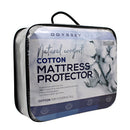 Side details of the packaging of white cotton mattress protector featuring its minimal and elegant packaging design.