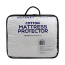 Back details of the packaging of white cotton mattress protector featuring its minimal and elegant packaging design.