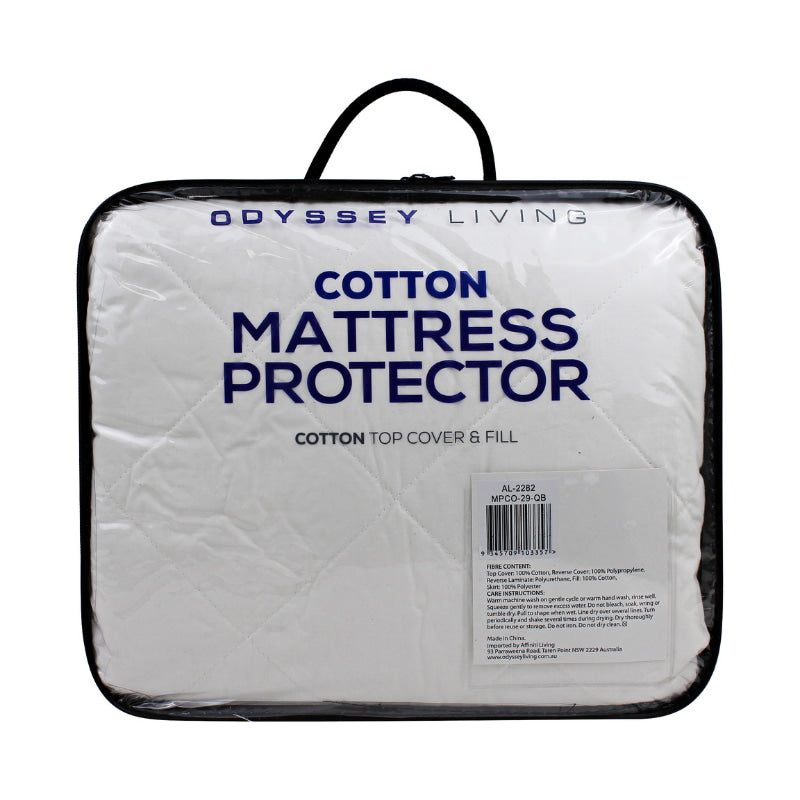 Back details of the packaging of white cotton mattress protector featuring its minimal and elegant packaging design.
