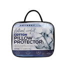 Front details of the packaging of cotton pillow protector featuring its minimalist blue and white packaging design.