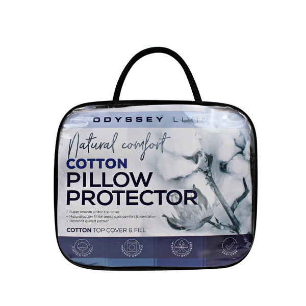Front details of the packaging of cotton pillow protector featuring its minimalist blue and white packaging design.